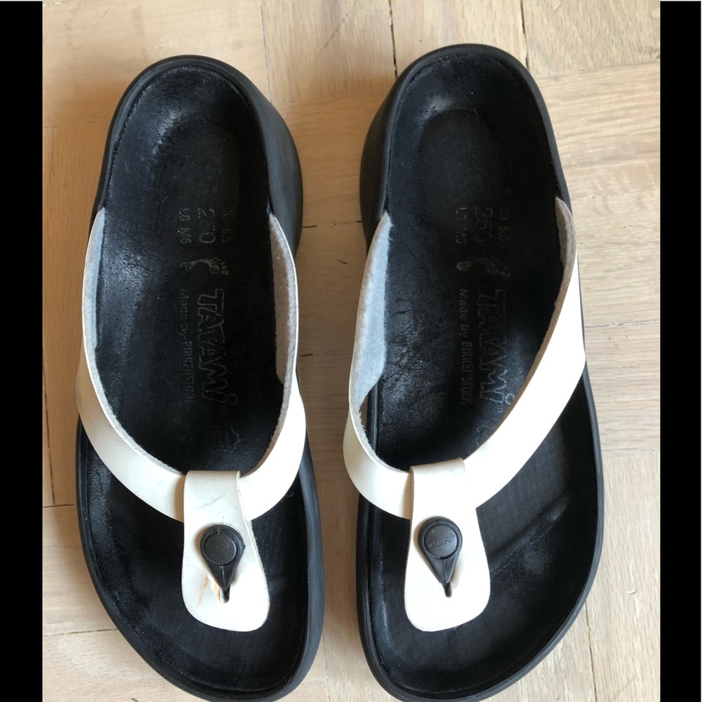 Tatami Birkenstock Black White Leather Slippers